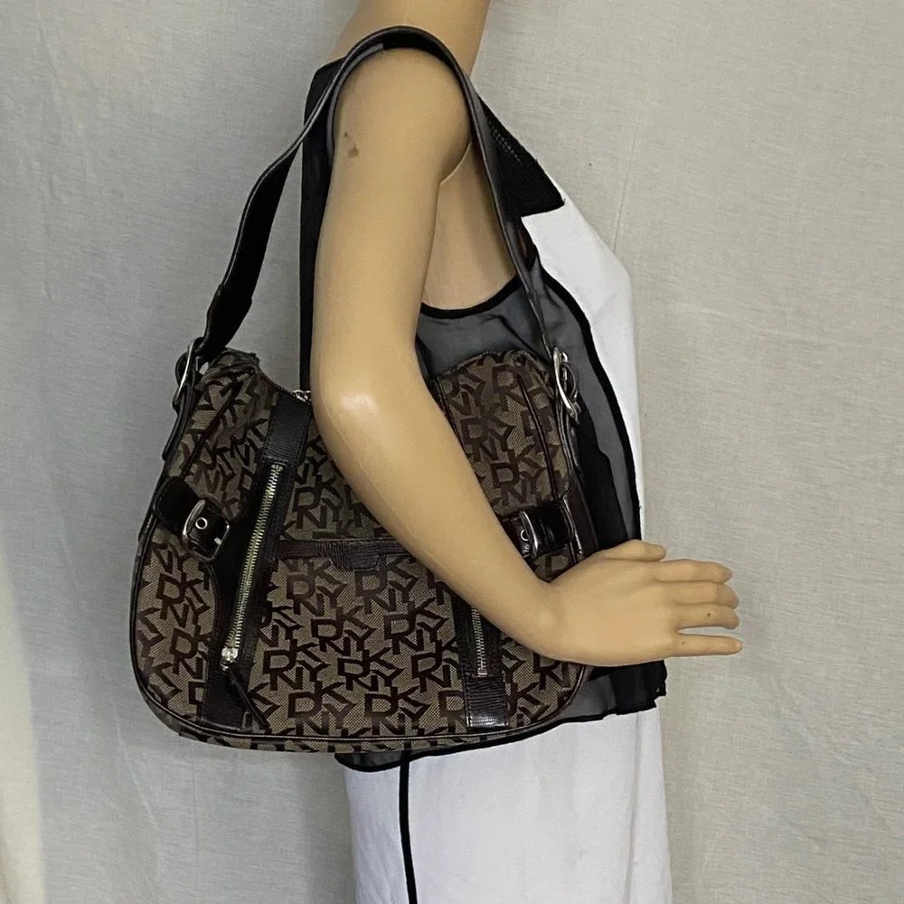 DKNY Brown Tan All Over Logo Fabric Hobo Bag